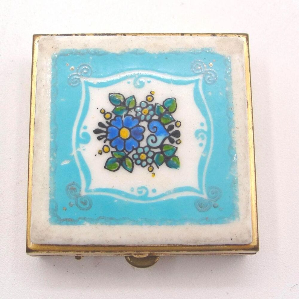 Vintage Brass Pocket Ashtray Silent Butler Porcelain Floral Mid Century Pill Box
